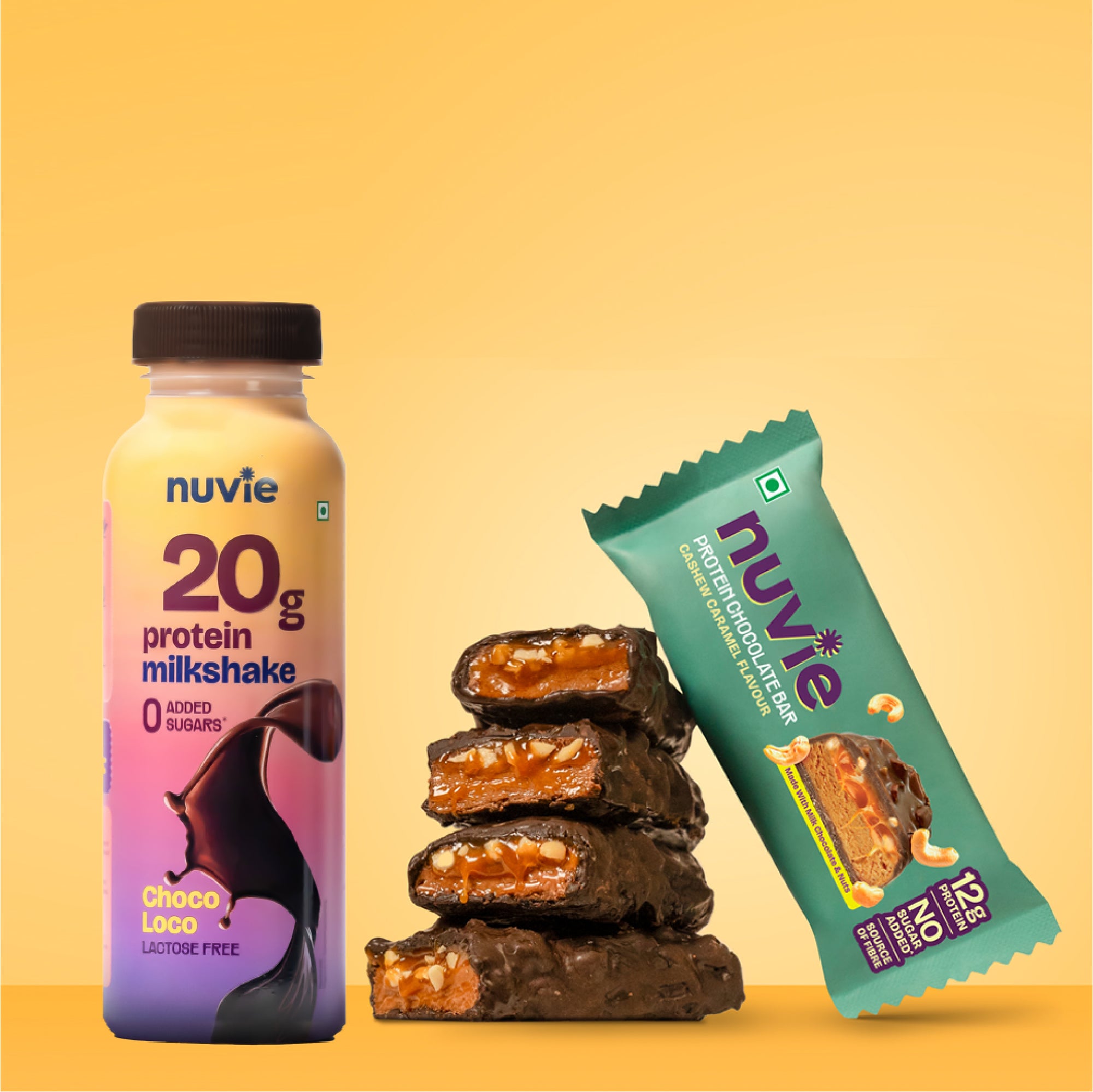 Combo 2 : 20gm Chocolate Protein Shake + 12gm Cashew Caramel Protein Bar