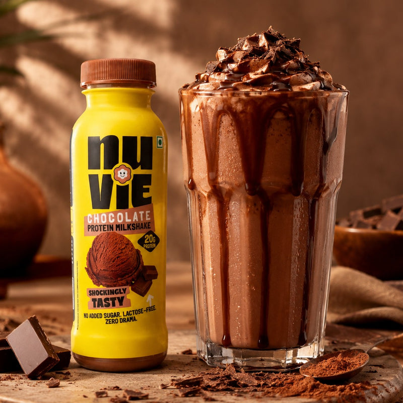 Nuvie Chocolate Protein Milkshake bottle with a chocolate milkshake