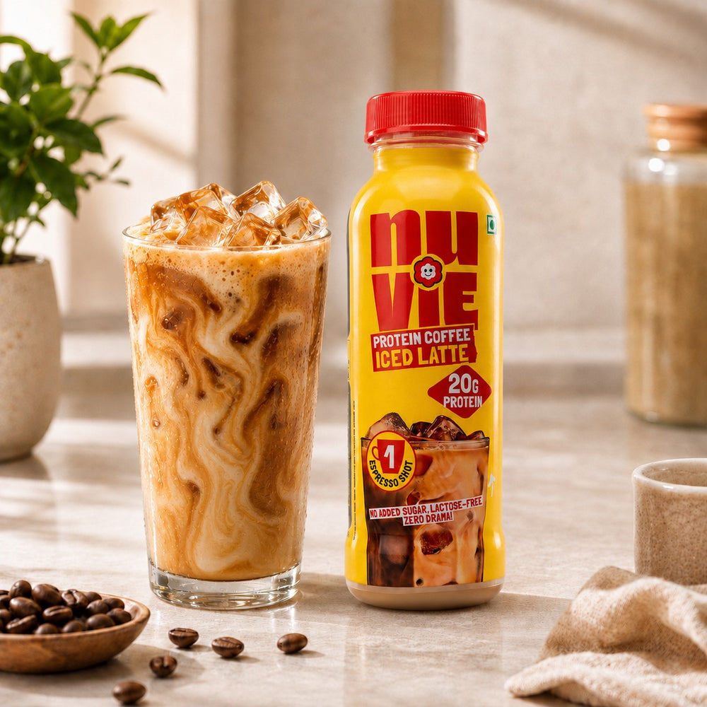Nuvie Protein Iced Latte bottle with a glass of iced latte