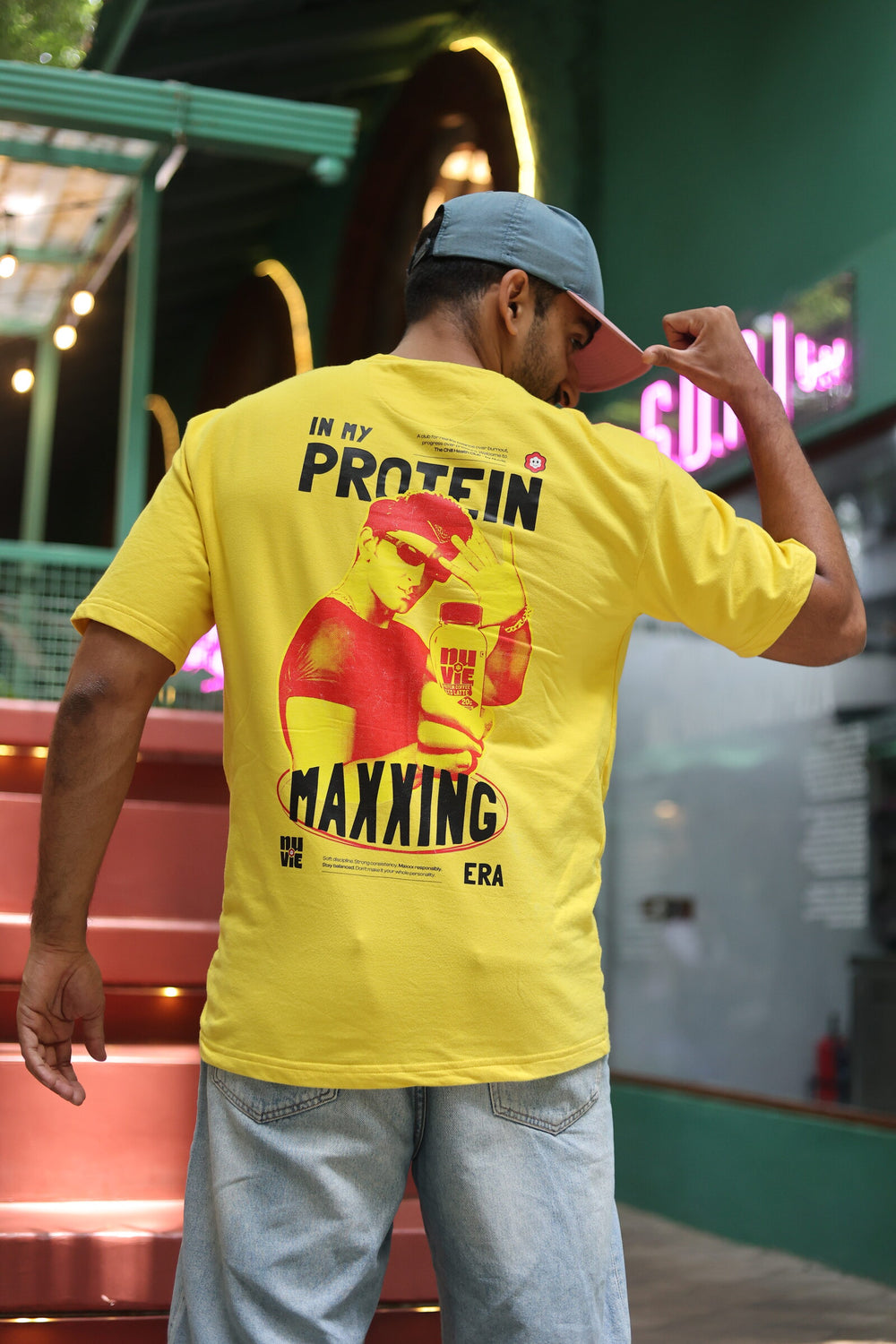 In My Protein Maxxing Era oversized tee - boxer graphic, back view on model